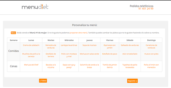 Personalizar menú semanal cambiando platos